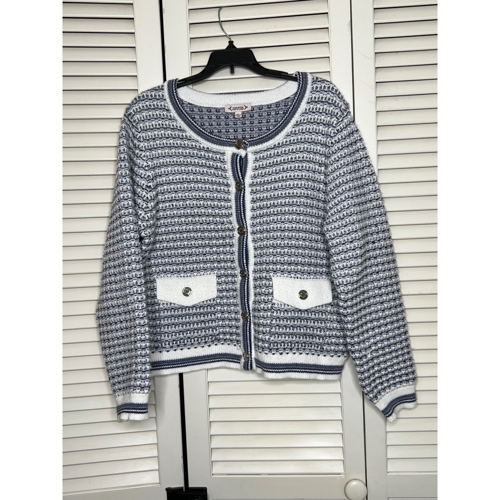 Nanette Lepore Tweed Knit Cardigan L Navy White Old Money Preppy Silver Buttons